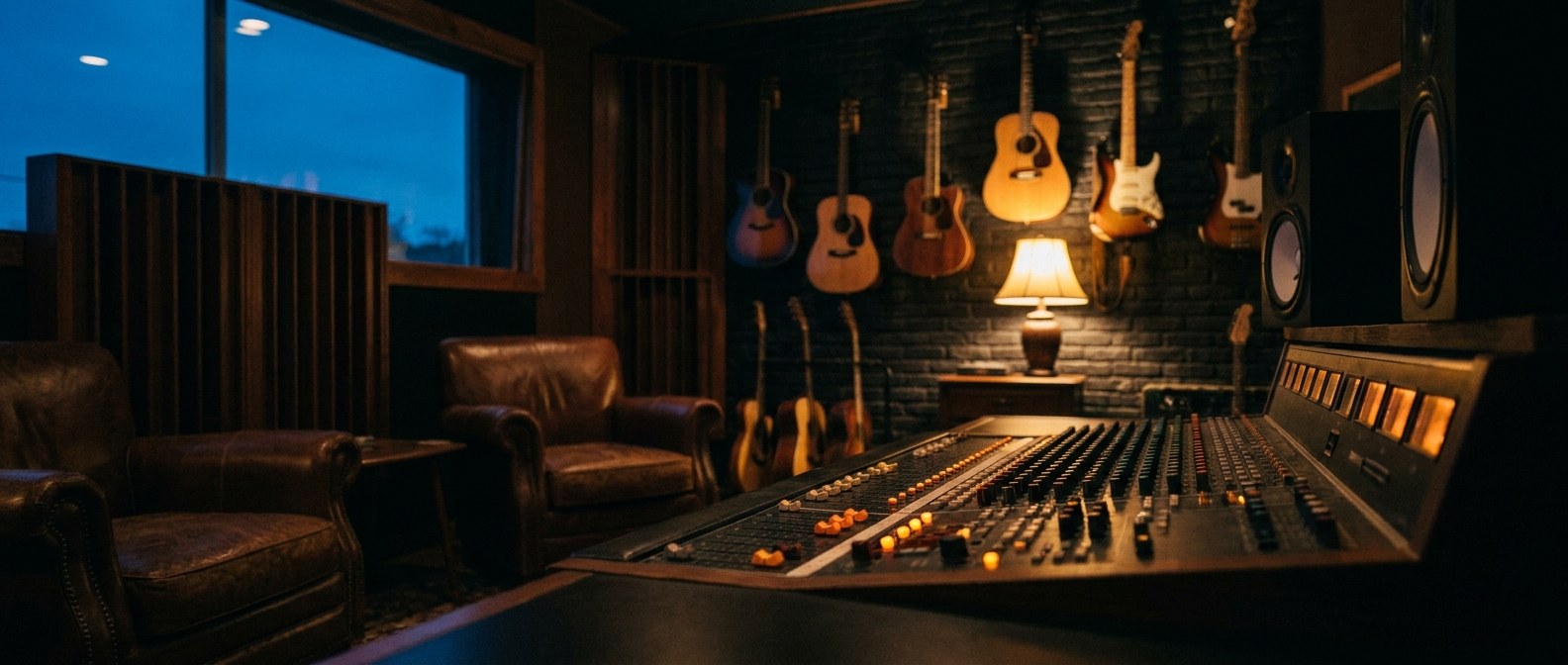 A warm, low-lit recording studio with guitars on the wall and a mixing console glowing beside a table lamp