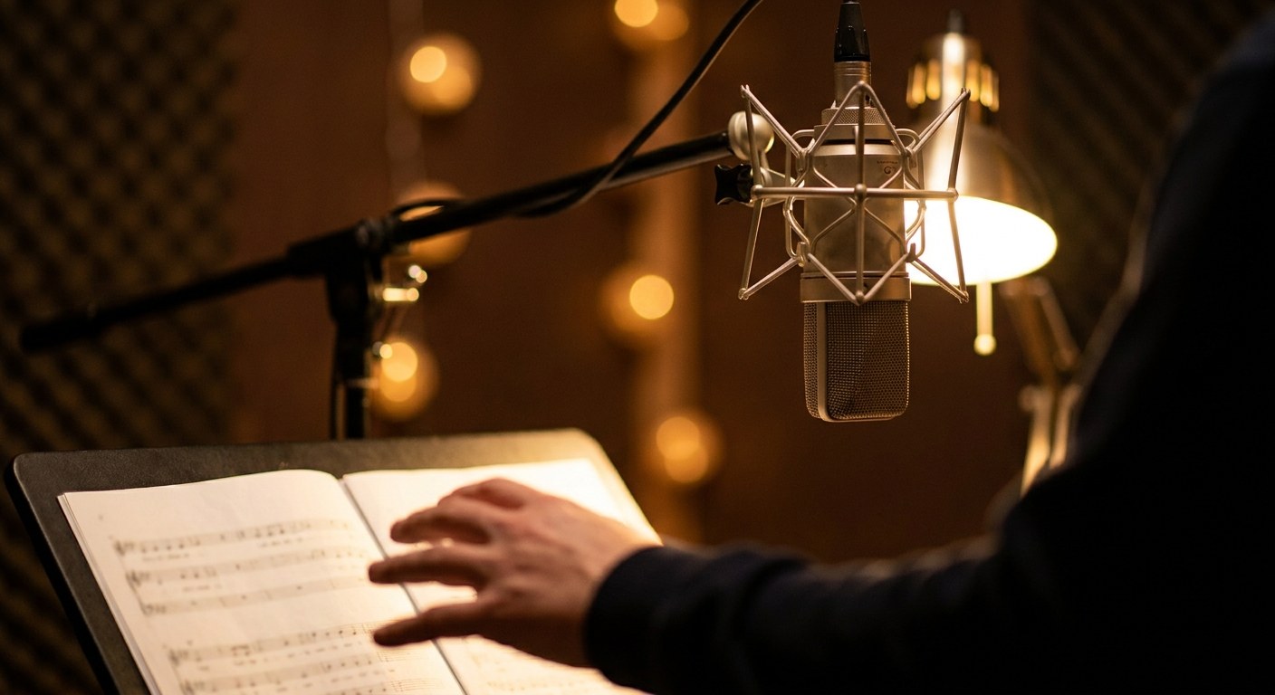 A close-up of a studio microphone and sheet music during a warm, low-lit vocal recording session